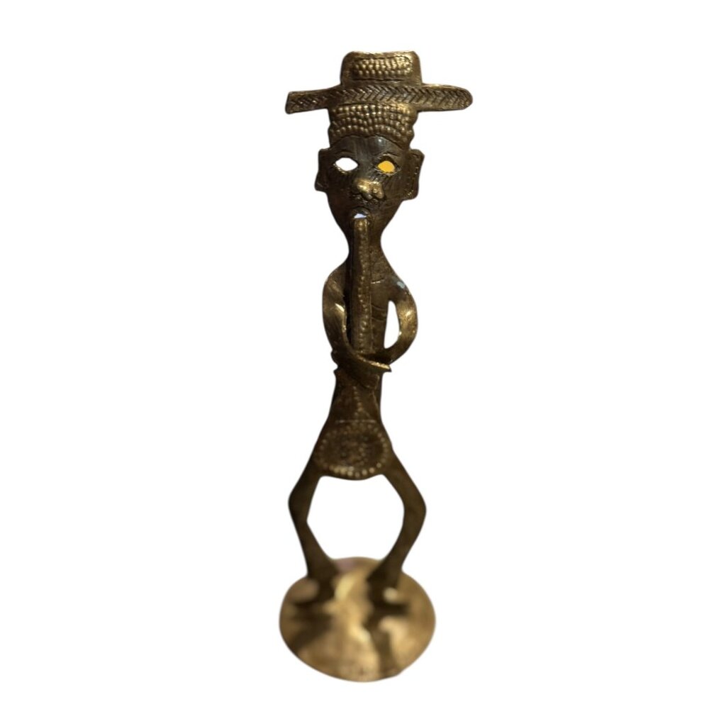 Musical Musician Music Tribal Metal Figurine With Hat Instrument Handcrafted